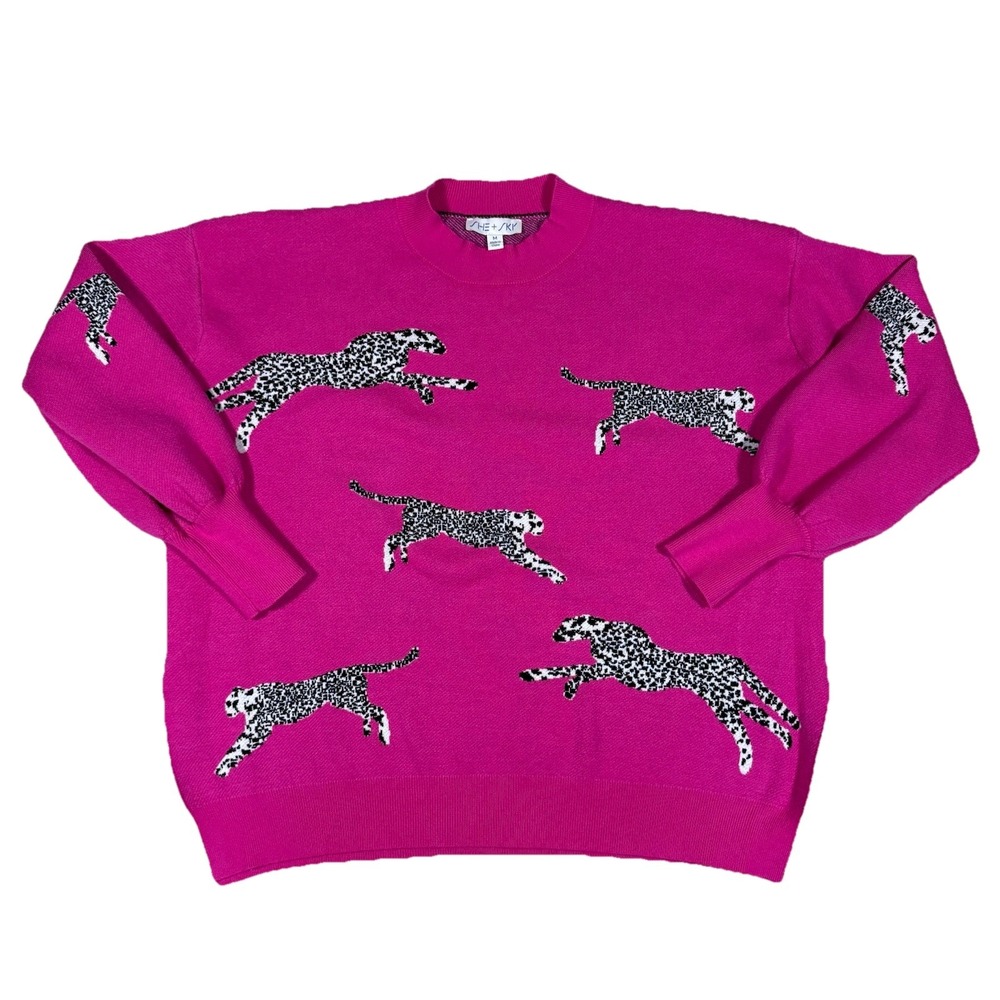 She + Sky Sweater Women's Medium Hot Pink‎ Leopard Thermal Oversized Mock Neck